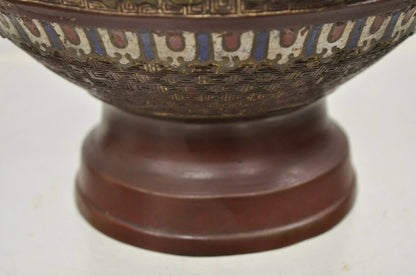 Antique Japanese Champleve Cloisonne Enamel Bronze Twin Handle 12" Vessel Vase