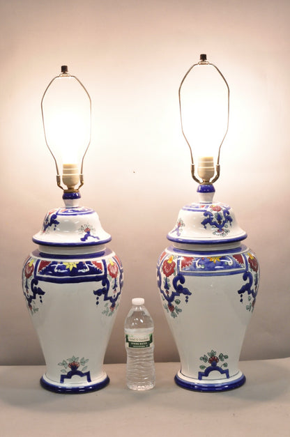 Vintage Chinoiserie White Blue Porcelain Ceramic Jardiniere Table Lamp - a Pair