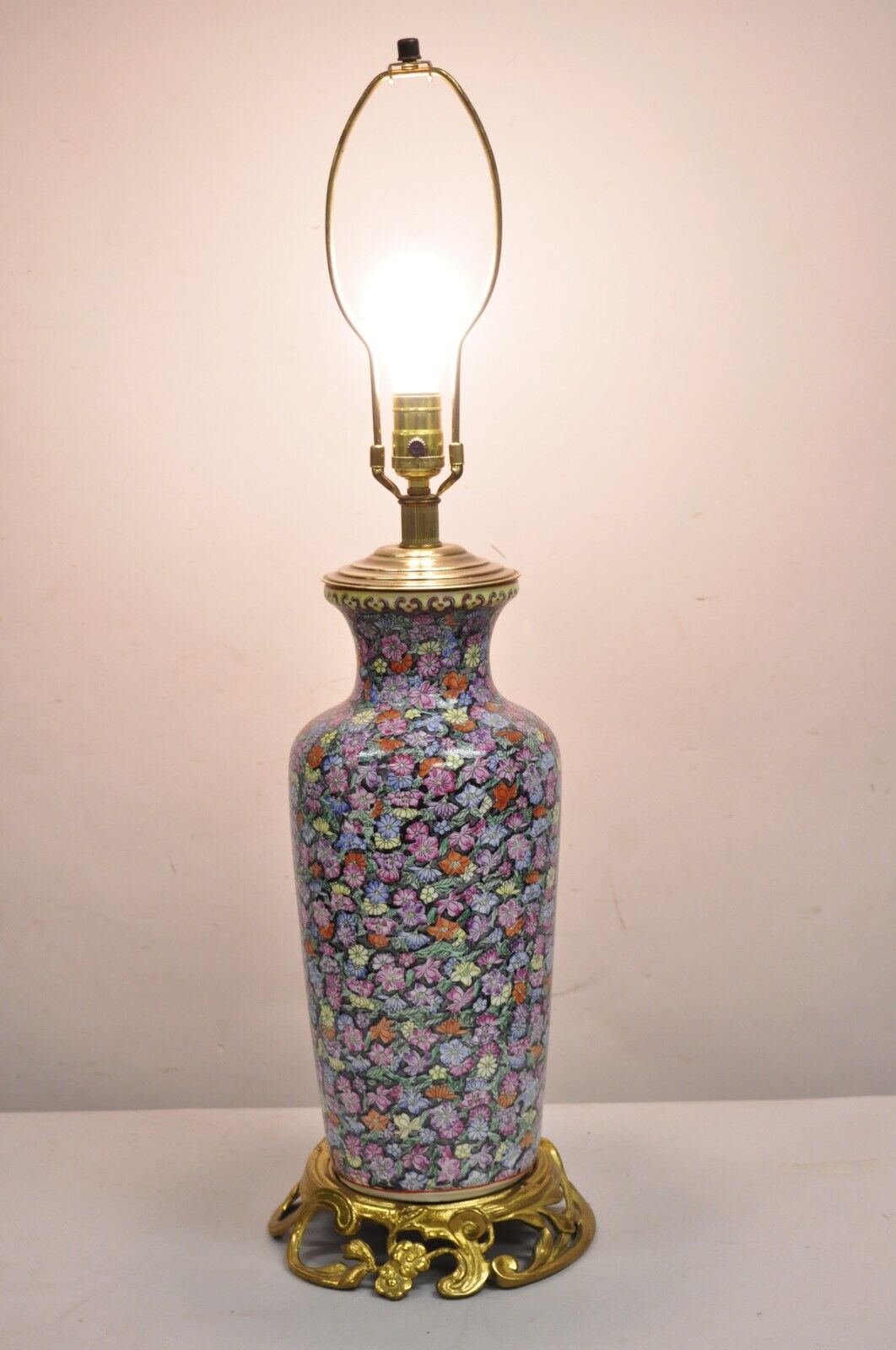 Vintage Japanese Porcelain Ginger Jar Flower Painted Table Lamp w/ Bronze Mounts