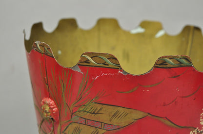 Italian Chinoiserie Hand Painted Oriental Red Tole Metal Wastebasket Trashcan
