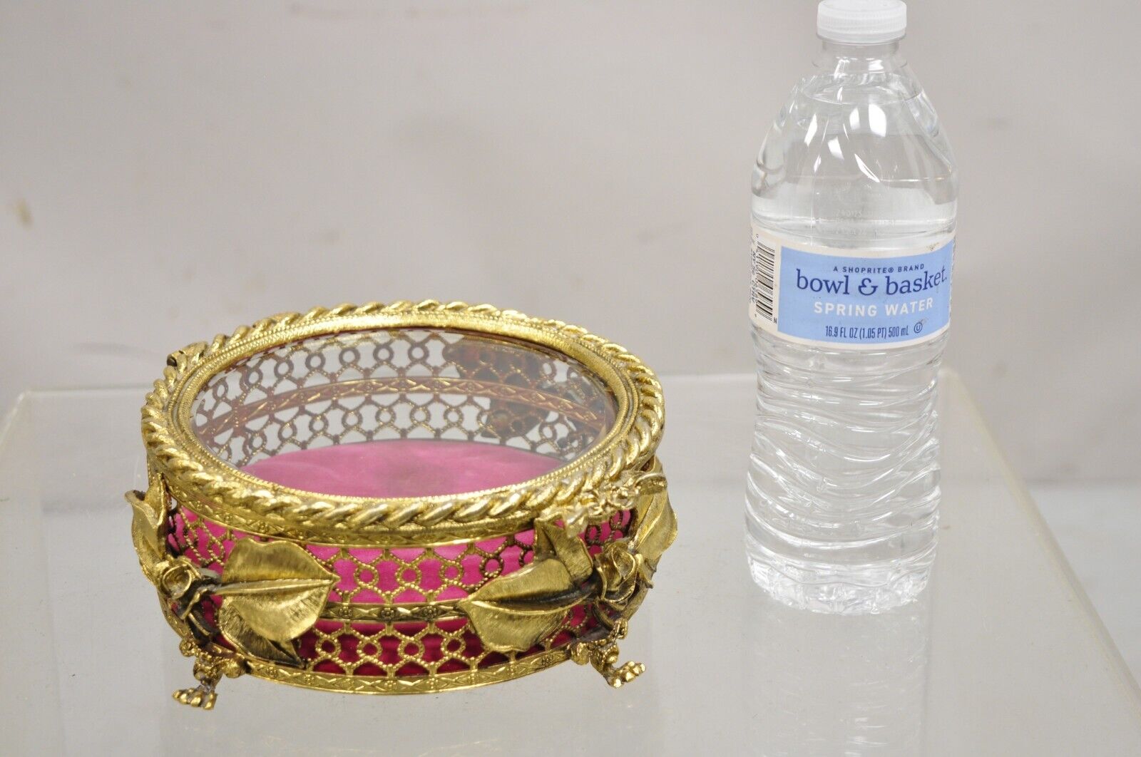 Vintage French Beveled Glass Gold Filigree Round Casket Jewelry Trinket Box