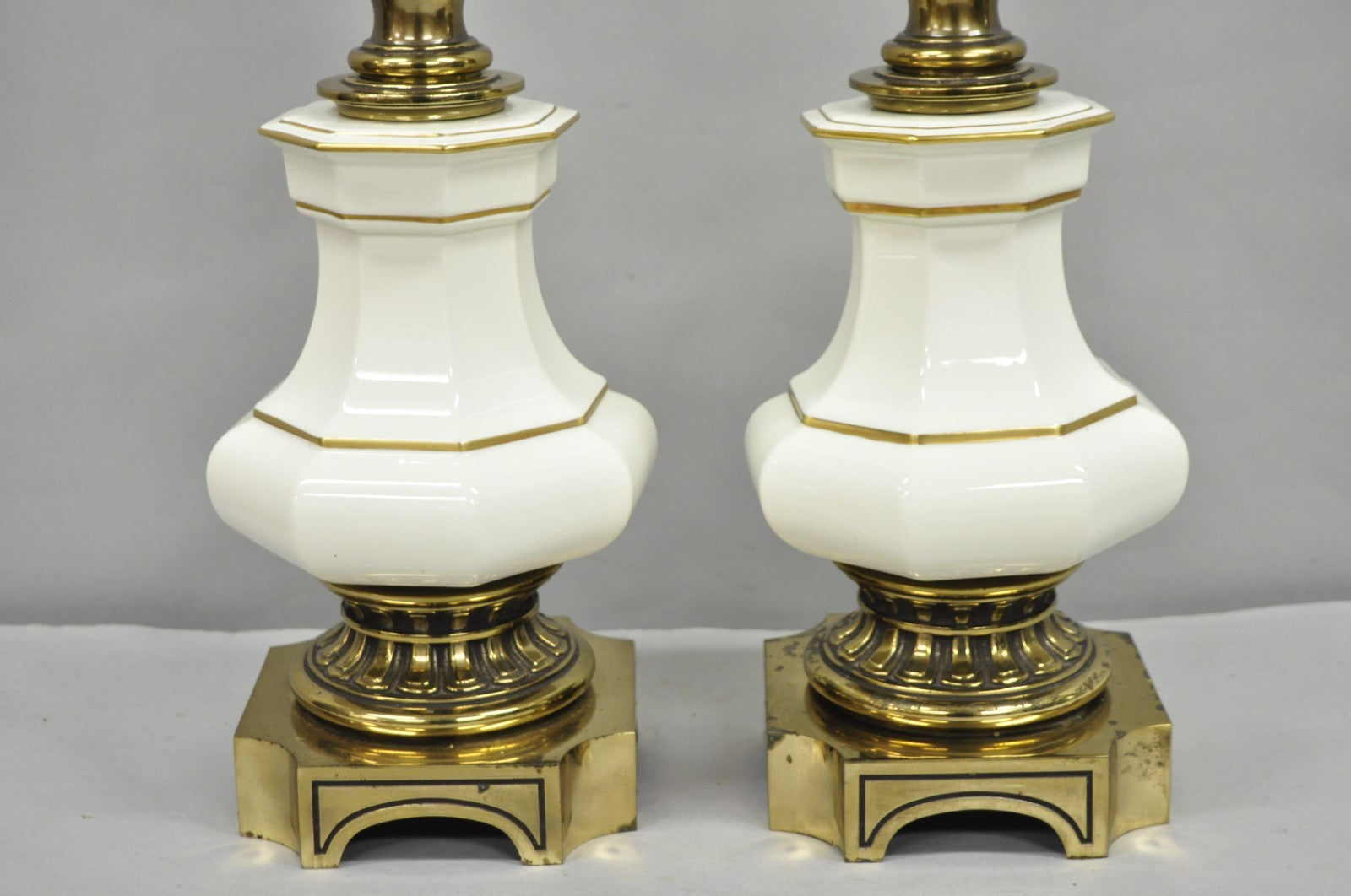 Vintage Stiffel Empire Style Burnished Brass & Porcelain Table Lamps (C) - Pair
