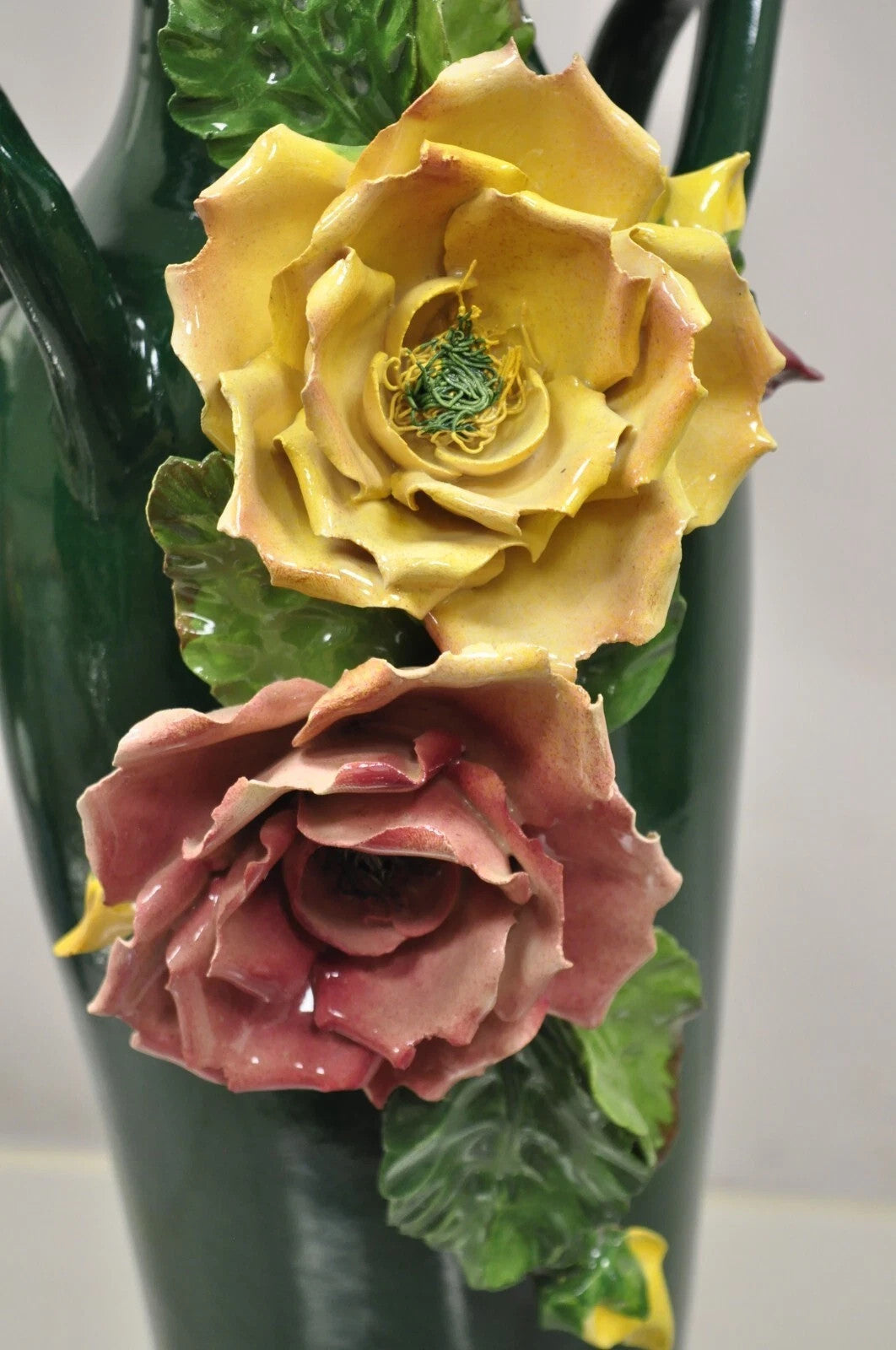 Vintage Victorian Green Porcelain Ceramic 18" Vase w/ Pink & Yellow Flowers