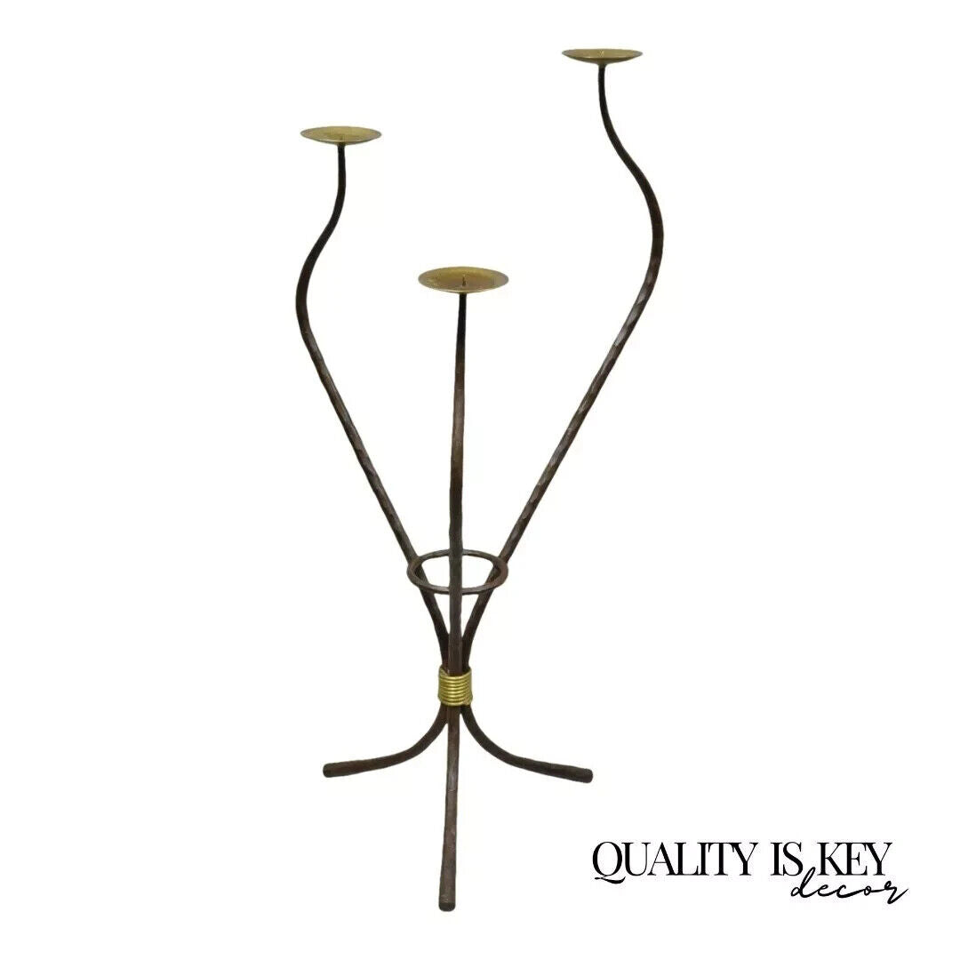 Modernist Iron Brass 3 Tier Sculptural Brutalist Floor Candleholder Candelabra
