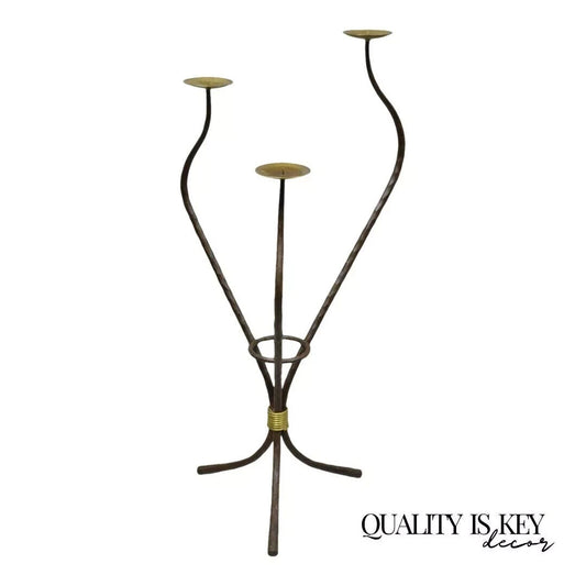 Modernist Iron Brass 3 Tier Sculptural Brutalist Floor Candleholder Candelabra