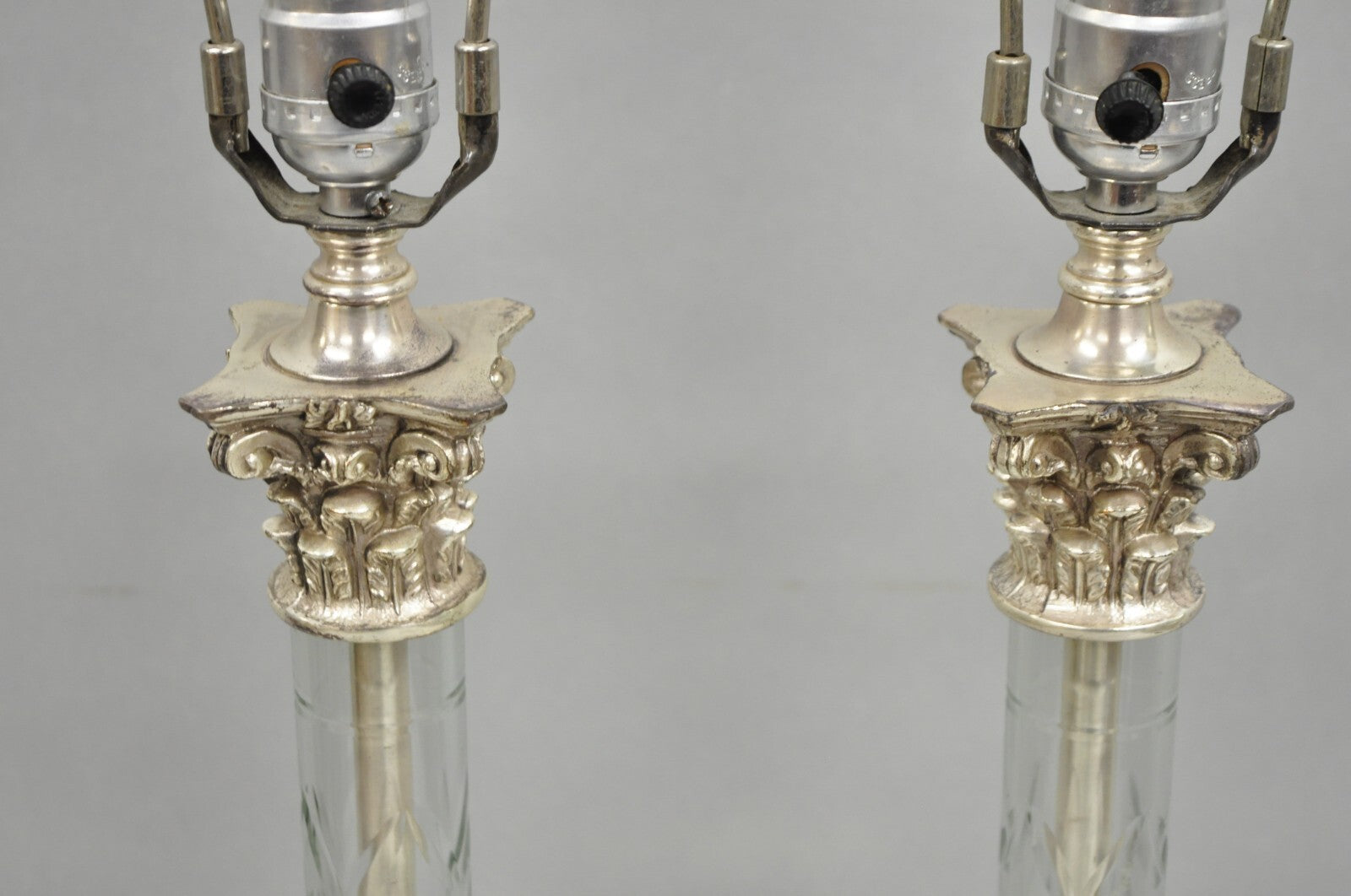 Antique French Empire Nickel Silver Glass Corinthian Column Table Lamps - a Pair