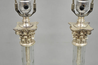 Antique French Empire Nickel Silver Glass Corinthian Column Table Lamps - a Pair