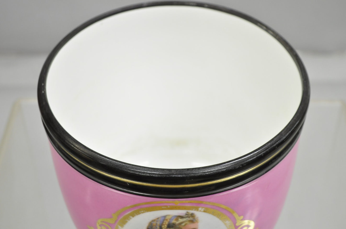 Antique French Porcelain Pink Hand Painted Portrait Cachepot Jardiniere Vase