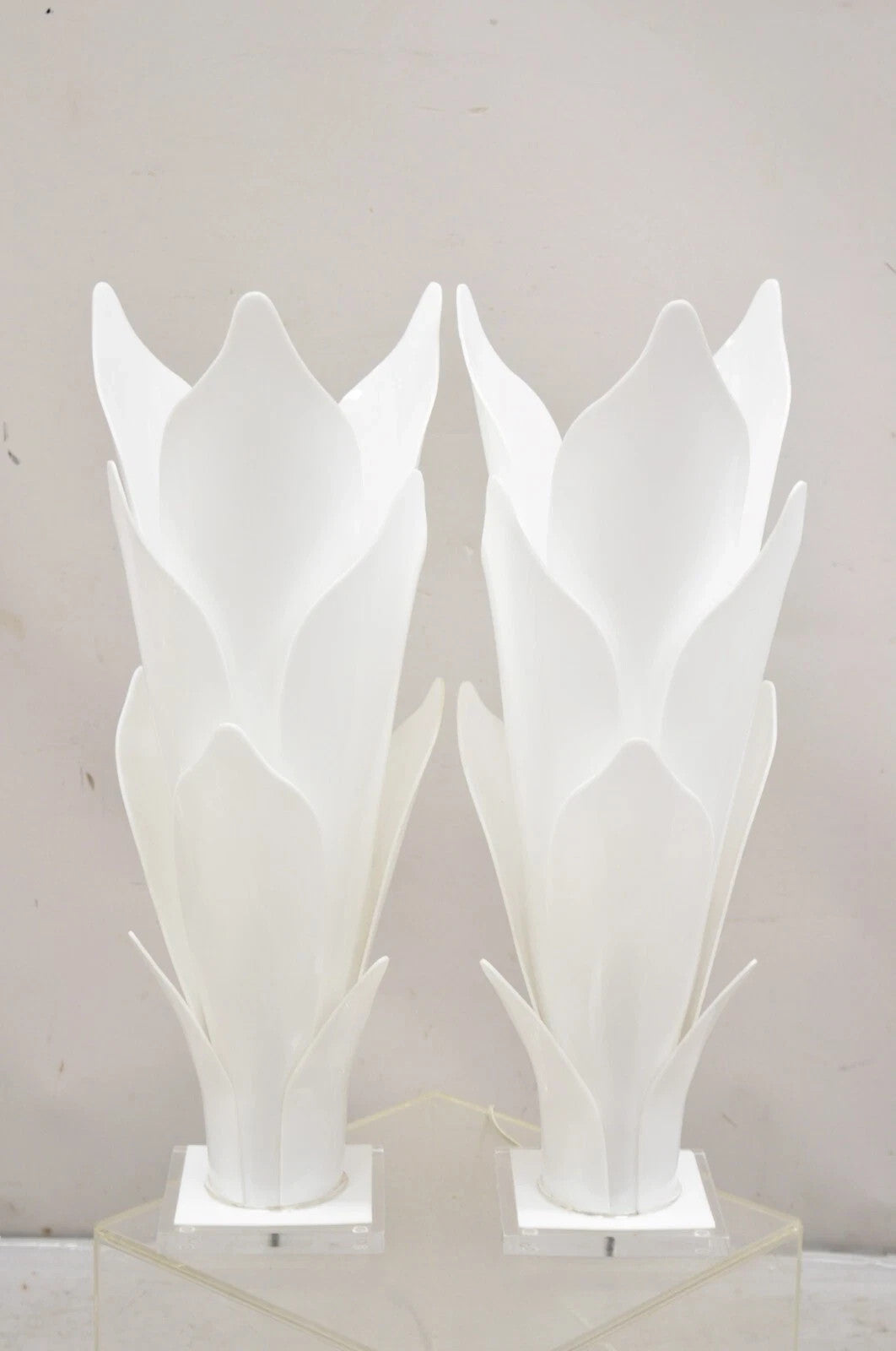 Rougier White Acrylic Lucite Tulip Flower Leaf Mid Century Table Lamps - a Pair