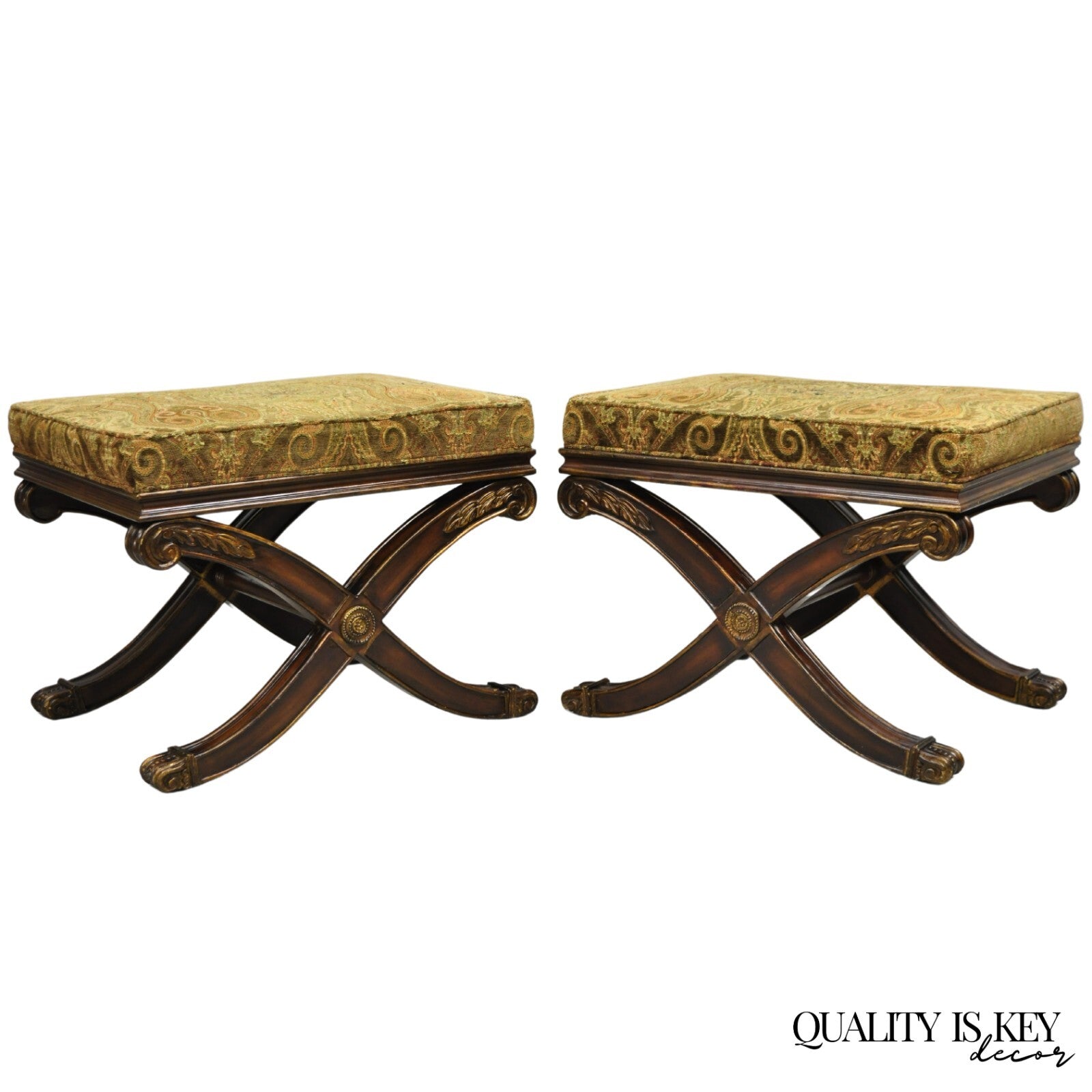 Ethan Allen Alexis X-Frame Regency Style Curule Footstool Stool Ottoman - a Pair