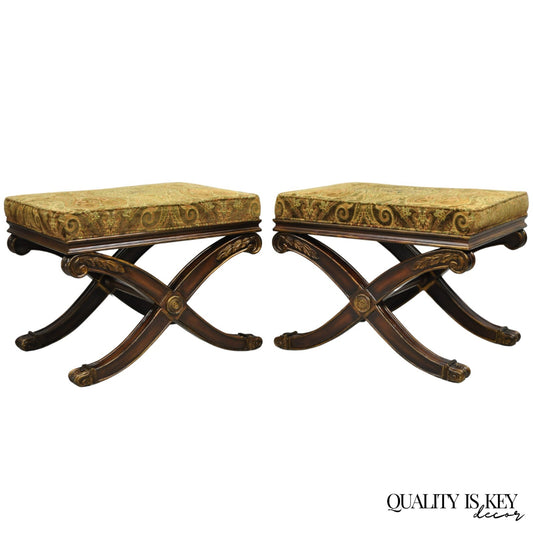 Ethan Allen Alexis X-Frame Regency Style Curule Footstool Stool Ottoman - a Pair