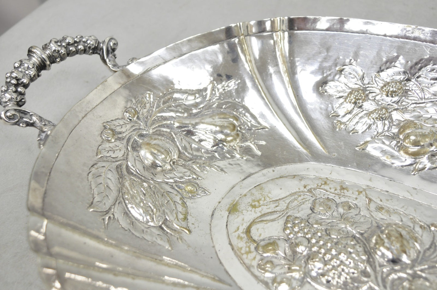 Antique Victorian Silver Plated Fruit Harvest Repousse Centerpiece Fruit Bowl