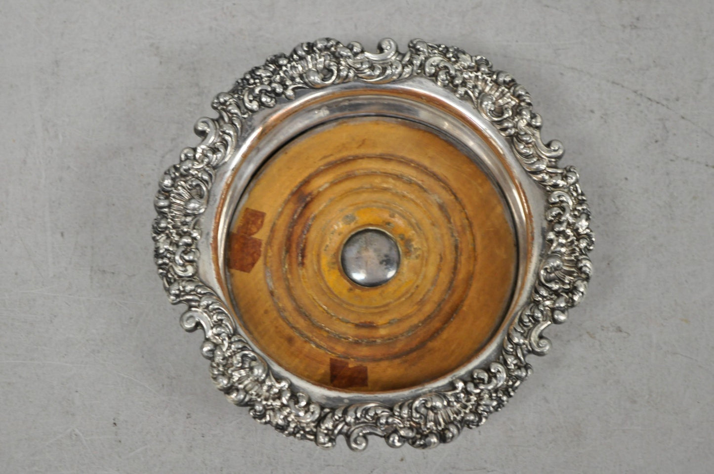 Antique English Victorian Silver Plated Floral Mahogany Bar Wine Bottle Coaster