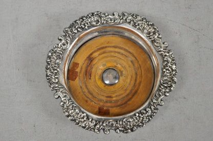 Antique English Victorian Silver Plated Floral Mahogany Bar Wine Bottle Coaster