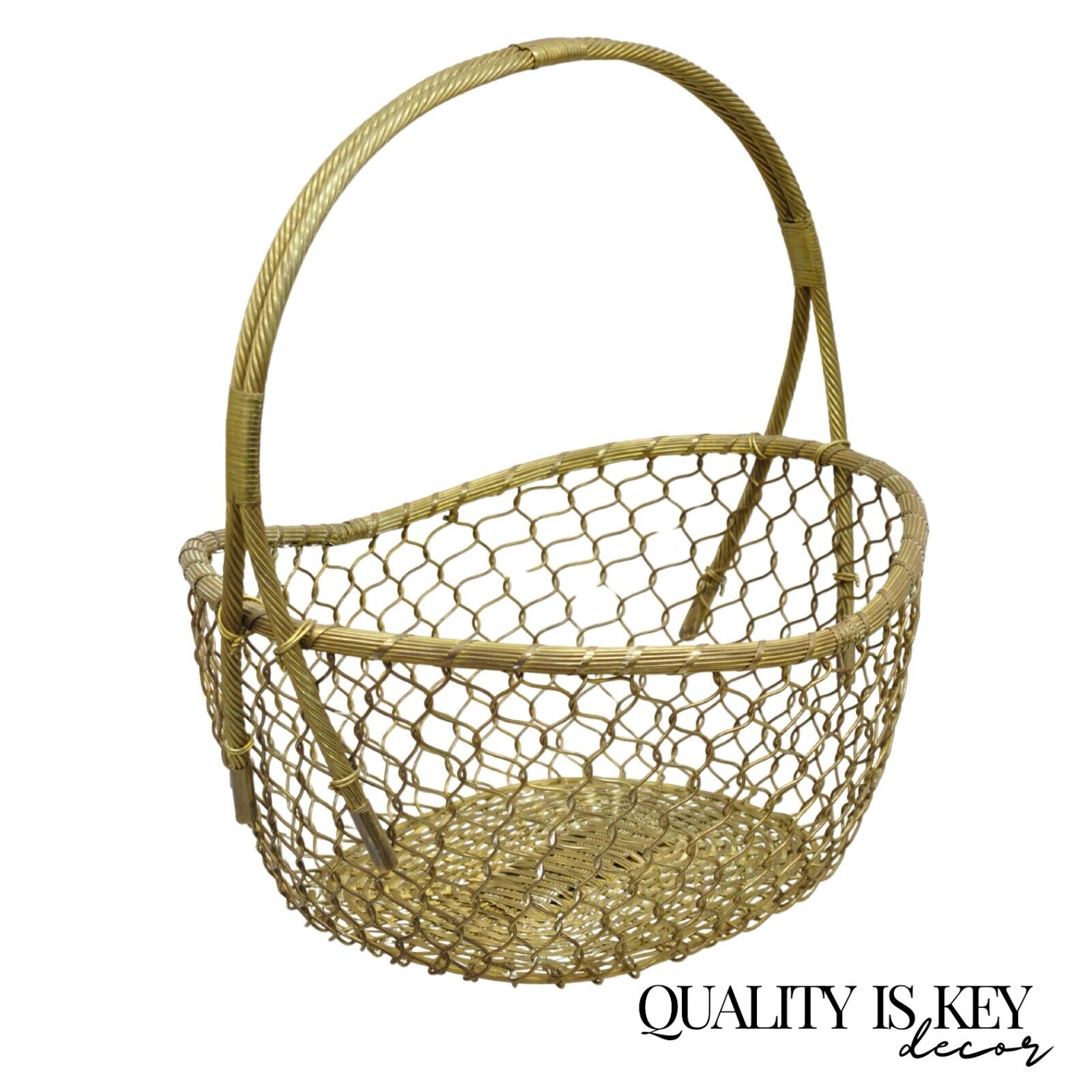 Vintage Solid Brass Wire Metal Hollywood Regency Hand Woven Basket With Handle