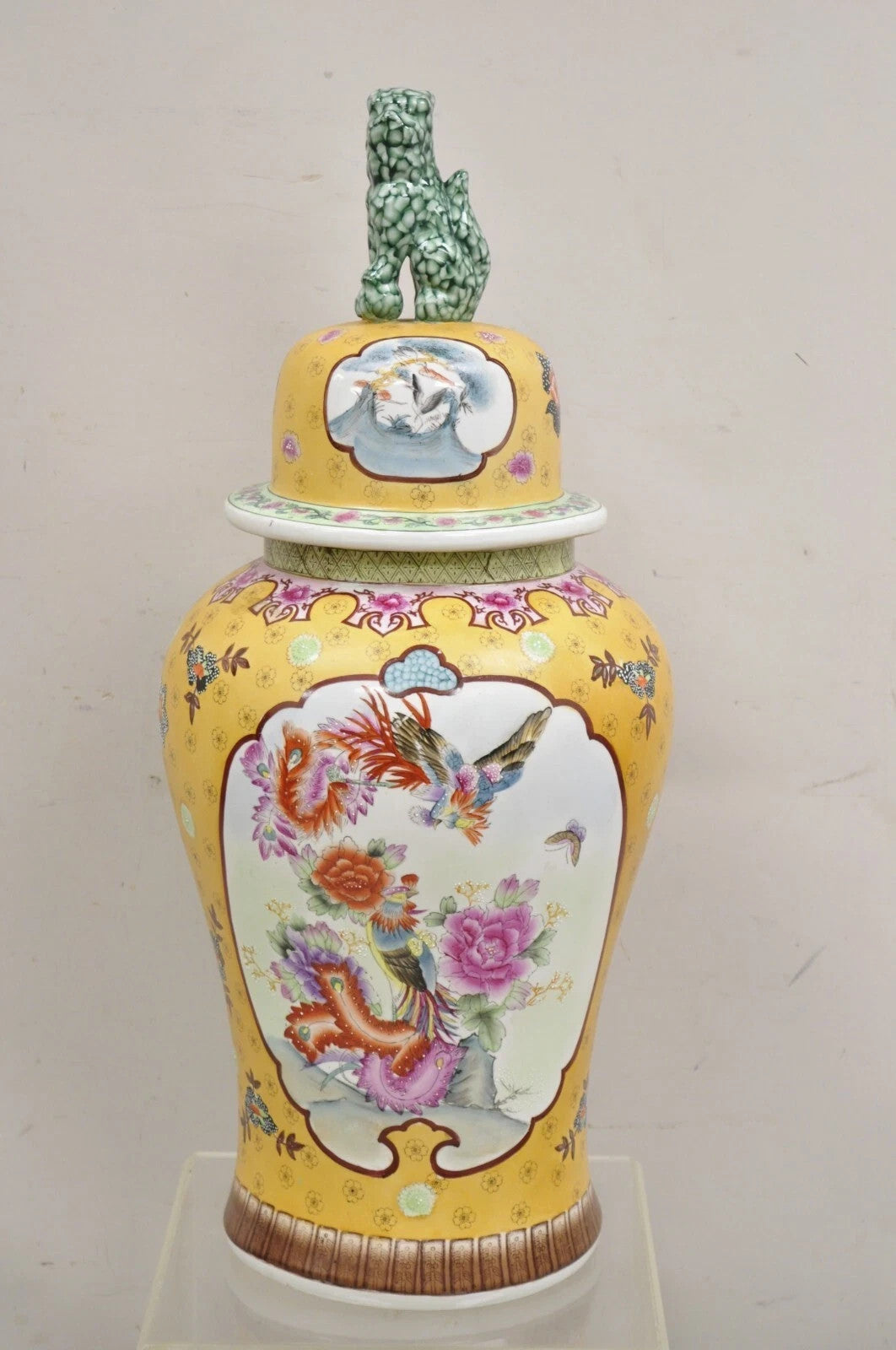 Vintage Chinese Porcelain Large Foo Dog Covered Temple Urns Ginger Jars - a Pair