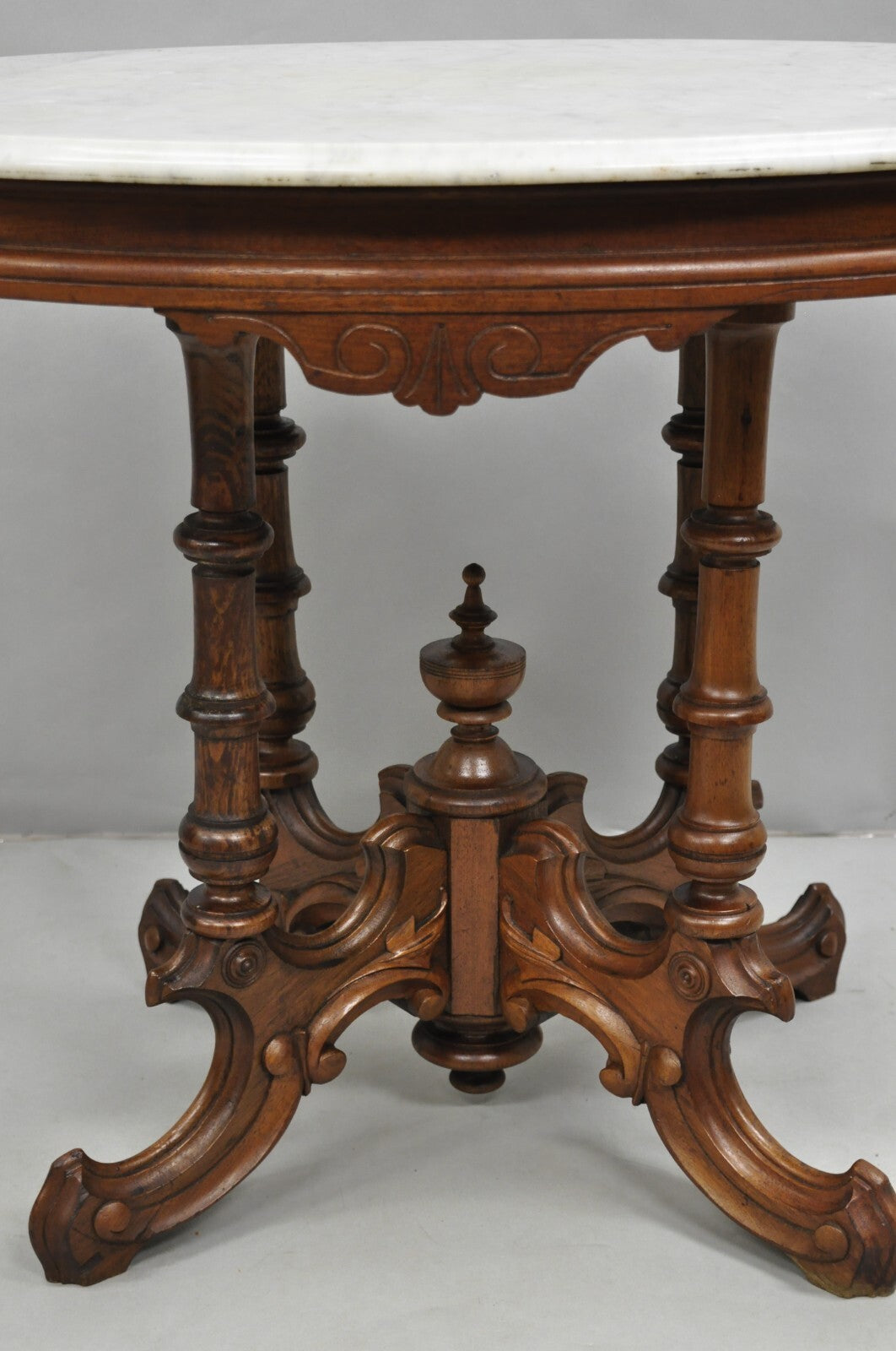 Antique Eastlake Victorian Carved Walnut Pedestal Base Marble Top Parlor Table