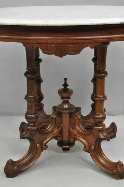 Antique Eastlake Victorian Carved Walnut Pedestal Base Marble Top Parlor Table