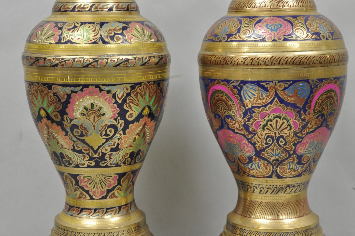 Vintage Brass & Cloisonné Enamel Pink & Blue Jardiniere Urn Table Lamps - Pair