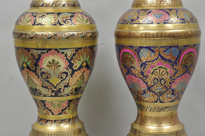 Vintage Brass & Cloisonné Enamel Pink & Blue Jardiniere Urn Table Lamps - Pair