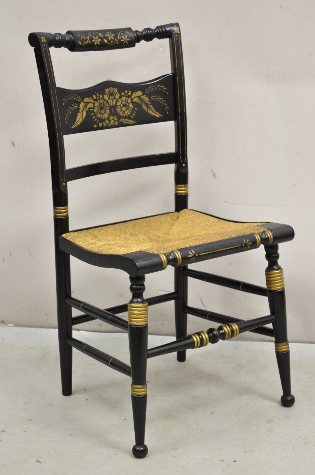 Antique Hitchcock Style Black Lacquer Stencil Rush Seat Dining Chairs - Set of 4