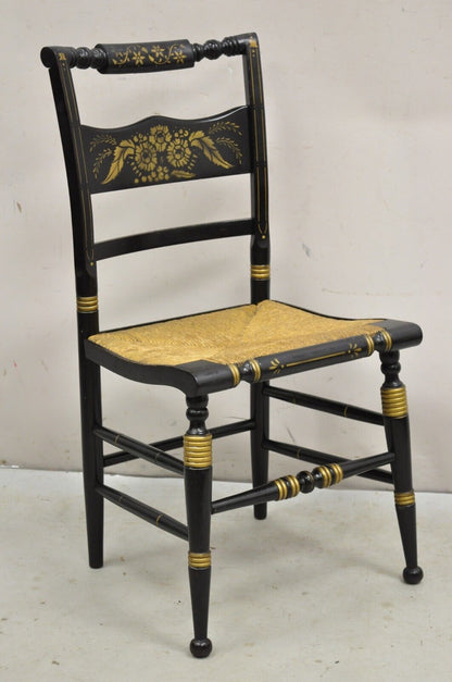 Antique Hitchcock Style Black Lacquer Stencil Rush Seat Dining Chairs - Set of 4