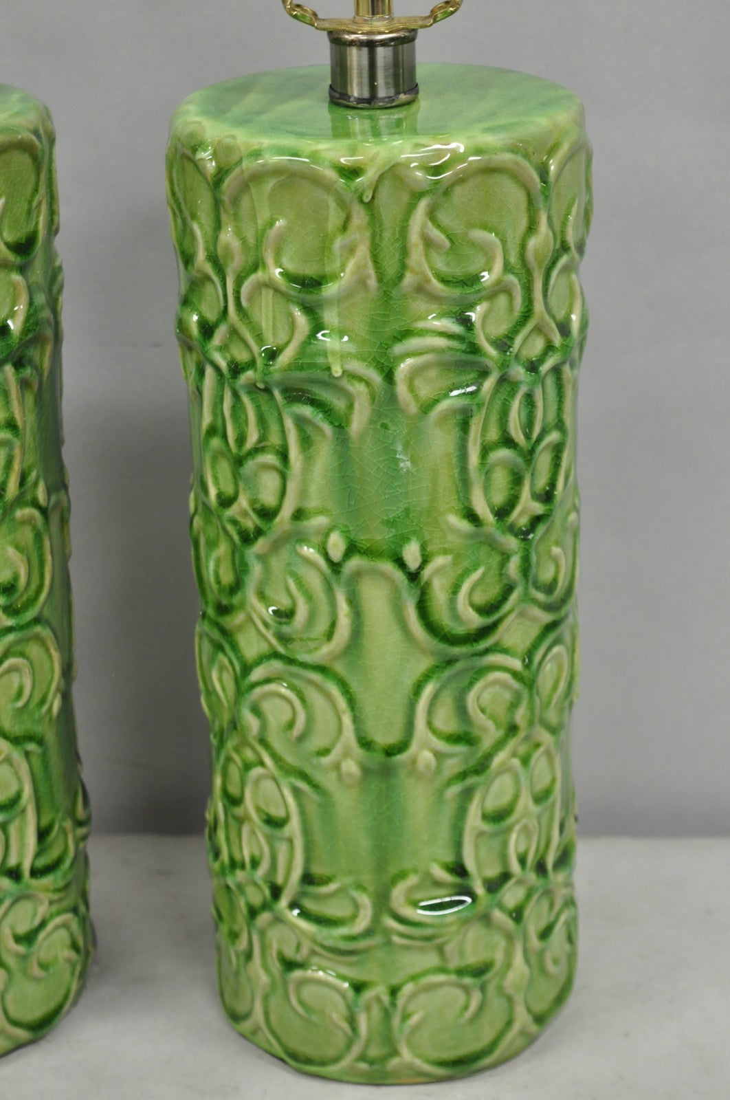 Contemporary Modern Green Glazed Ceramic Scroll Decorated Table Lamps - a Pair