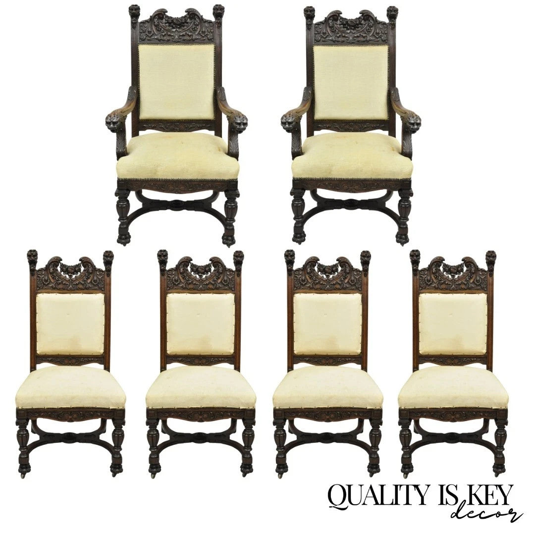 RJ Horner Attr Renaissance Figural Lion Carved Oak Wood Dining Chairs - Set of 6