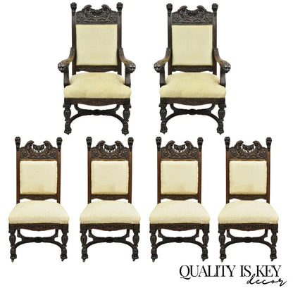RJ Horner Attr Renaissance Figural Lion Carved Oak Wood Dining Chairs - Set of 6