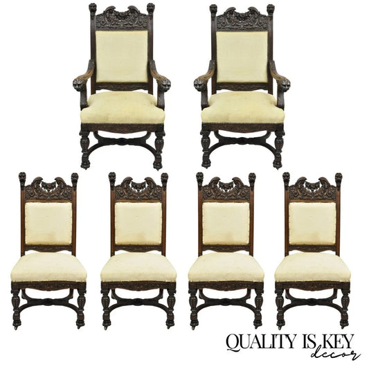 RJ Horner Attr Renaissance Figural Lion Carved Oak Wood Dining Chairs - Set of 6