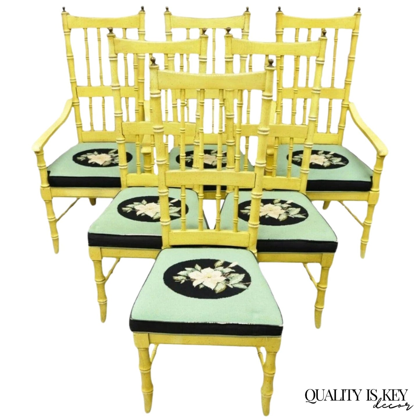 Vintage Thomasville Hollywood Regency Yellow Faux Bamboo Dining Chair - Set of 6