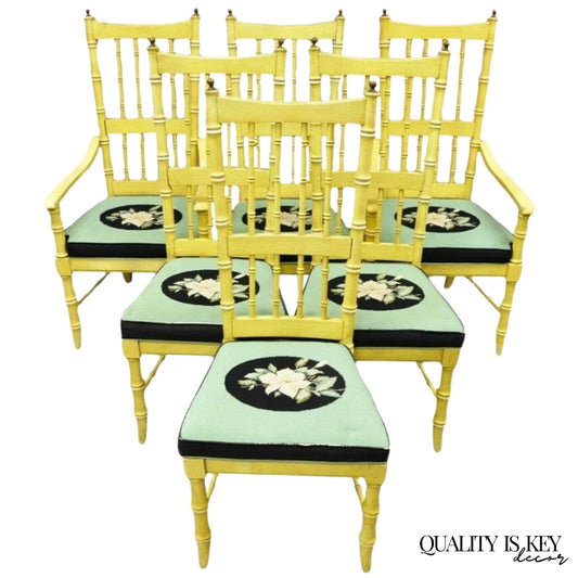 Vintage Thomasville Hollywood Regency Yellow Faux Bamboo Dining Chair - Set of 6