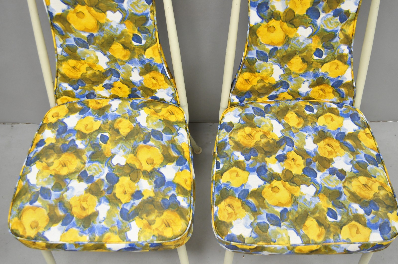 Vintage Retro Atomic Era Metal Kitchen Dining Chairs w/ Blue Yellow Flowers Pair