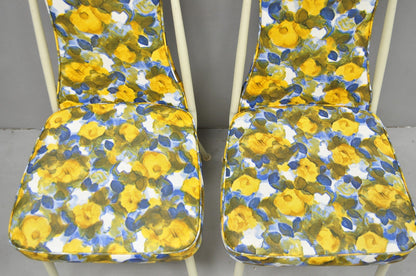 Vintage Retro Atomic Era Metal Kitchen Dining Chairs w/ Blue Yellow Flowers Pair