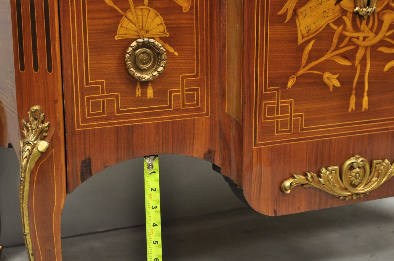 Vintage French Louis XV Style Marquetry Inlay Marble Top Commode Dresser Chest