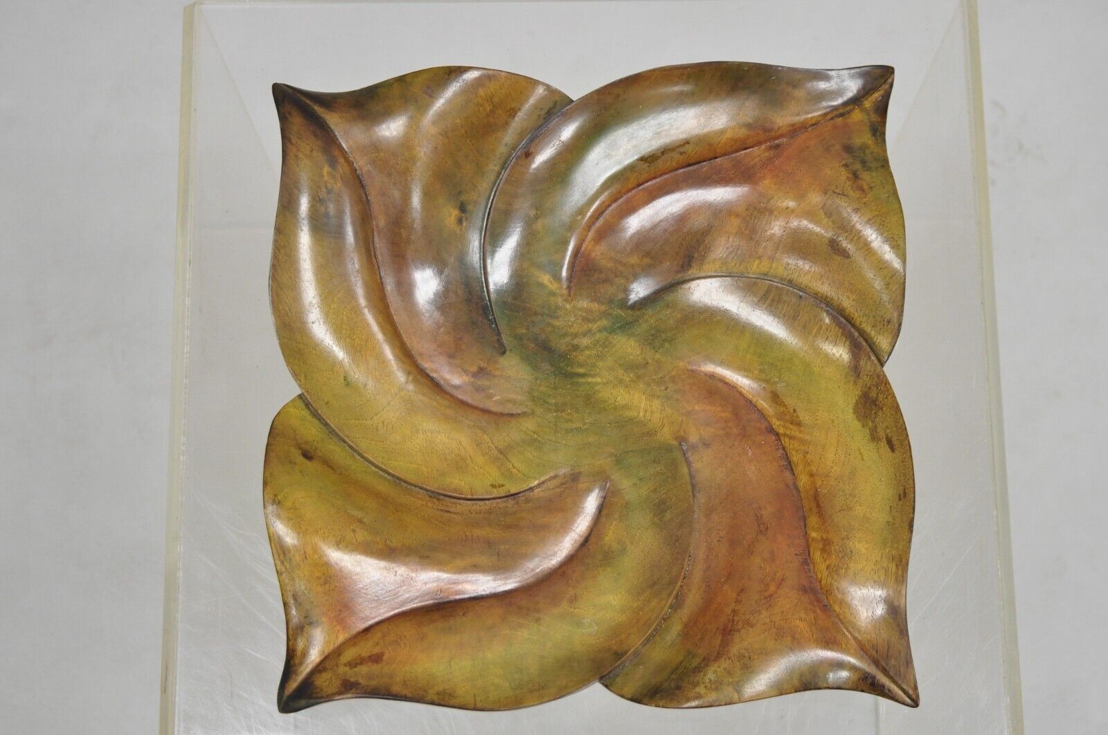 Vintage Dan Karner Mid Century Modern Square Carved Wood Leaf Centerpiece Bowl