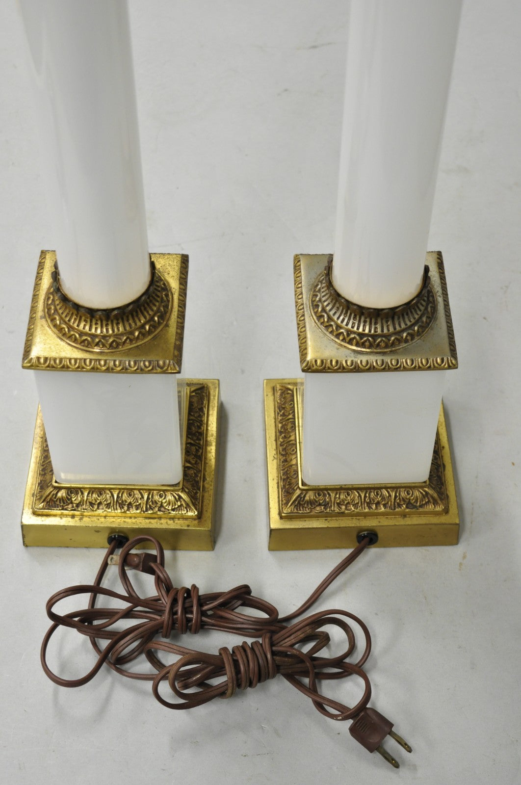Vintage French Empire Neoclassical White Milk Glass Column Table Lamps - a Pair