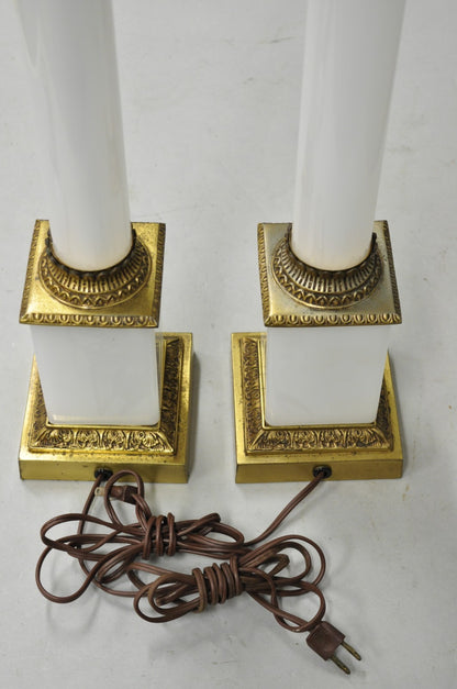 Vintage French Empire Neoclassical White Milk Glass Column Table Lamps - a Pair