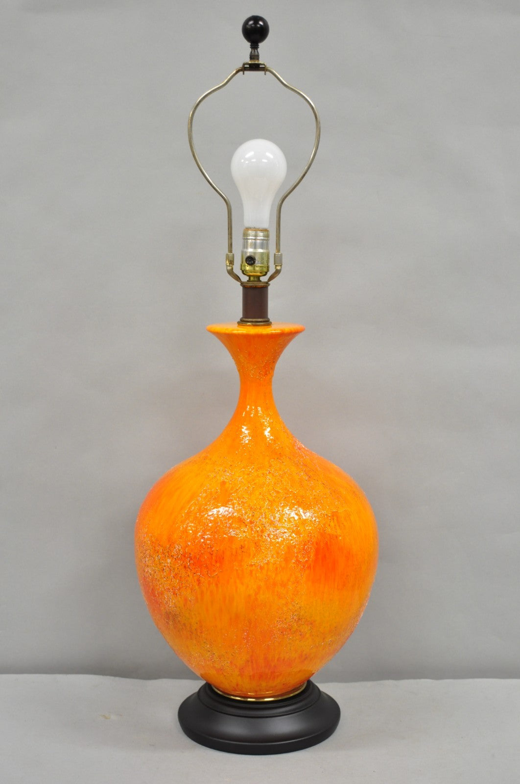Vintage Mid Century Modern Orange Lava Glazed Bulbous Ceramic Pottery Table Lamp