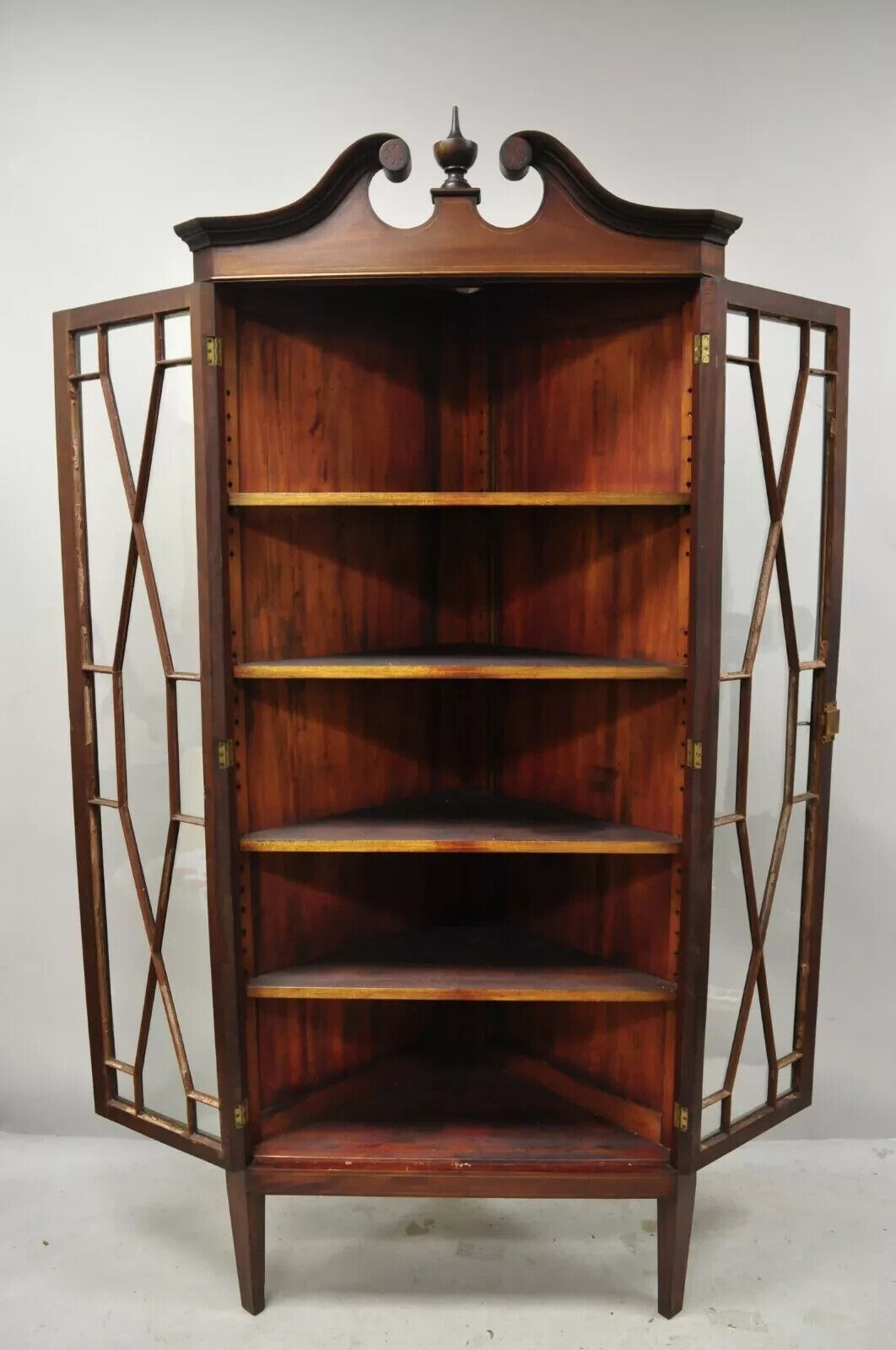 Antique English Georgian Style Mahogany Corner China Cabinet Display Case Curio