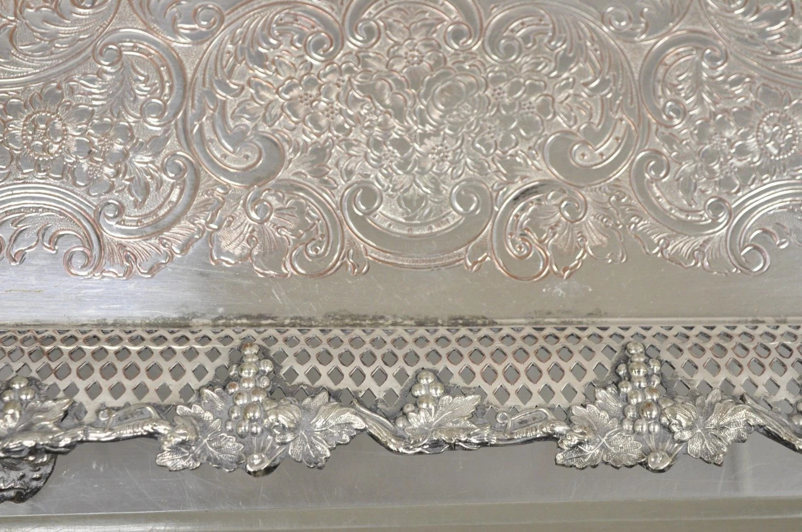 Antique Victorian Silver Plated Grapevine Repousse Platter Bar Tray w/ Monogram