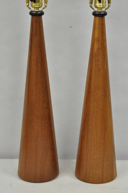 Vintage Mid Century Modern Staved Teak Wood Cone Shaped Table Lamps - a Pair