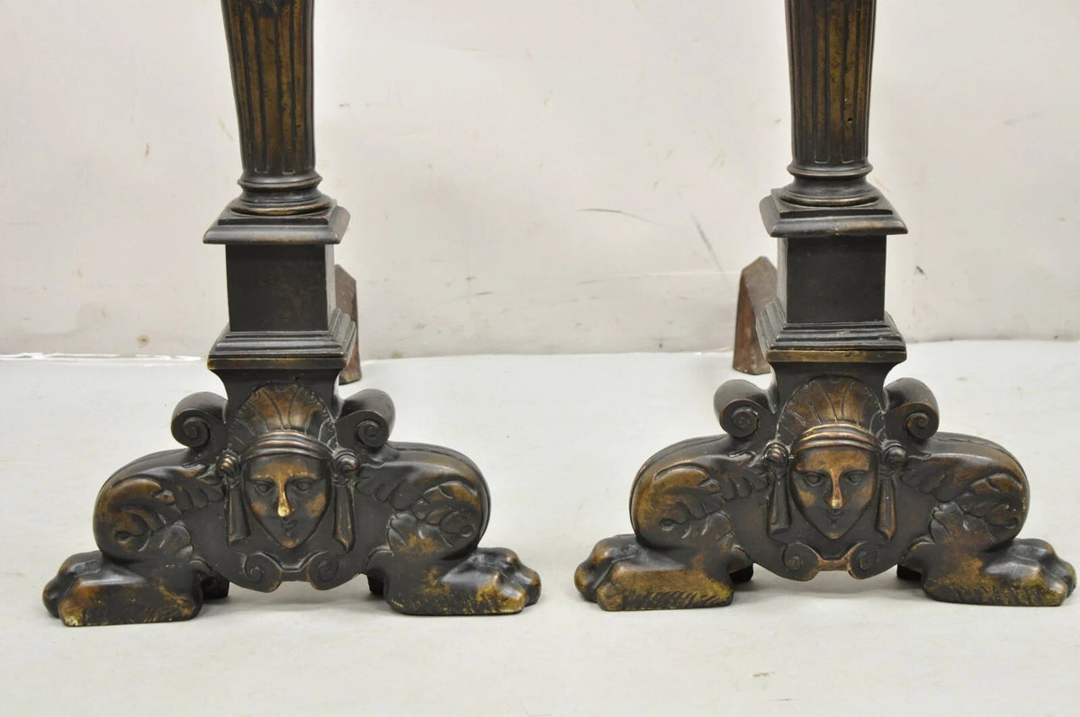 Antique French Renaissance Large Figural Bronze Man & Woman Bust Andirons - Pair