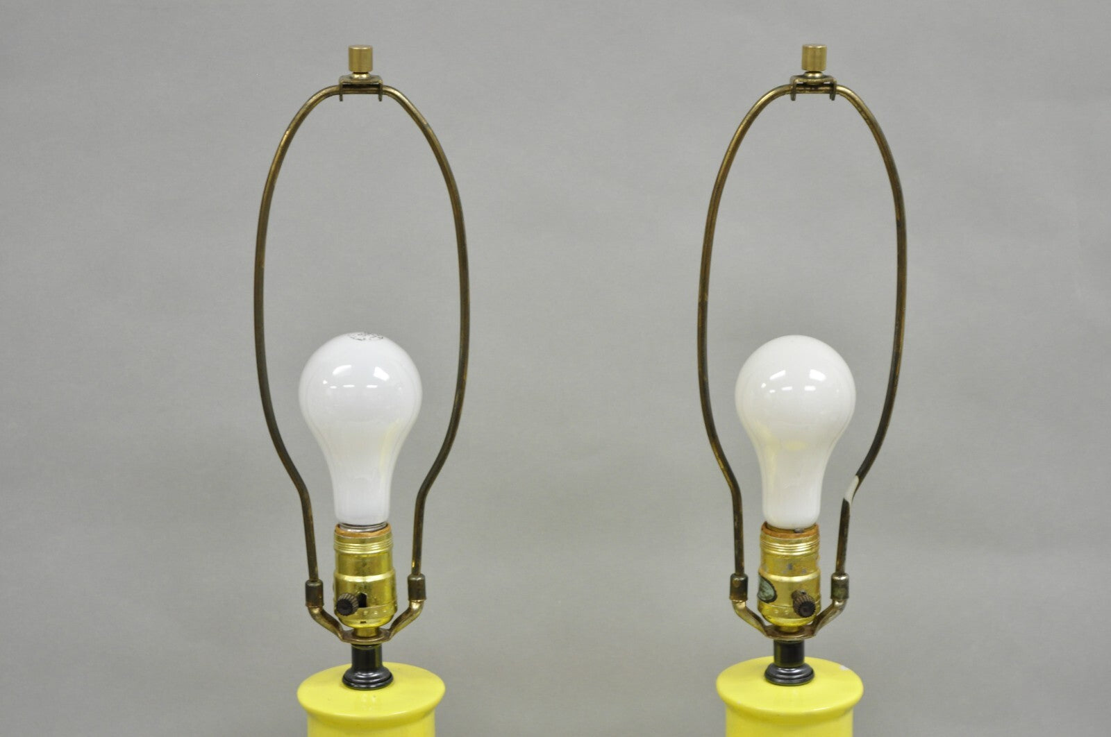 Vintage Hollywood Regency Yellow Ceramic Faux Bamboo Table Lamps - a Pair