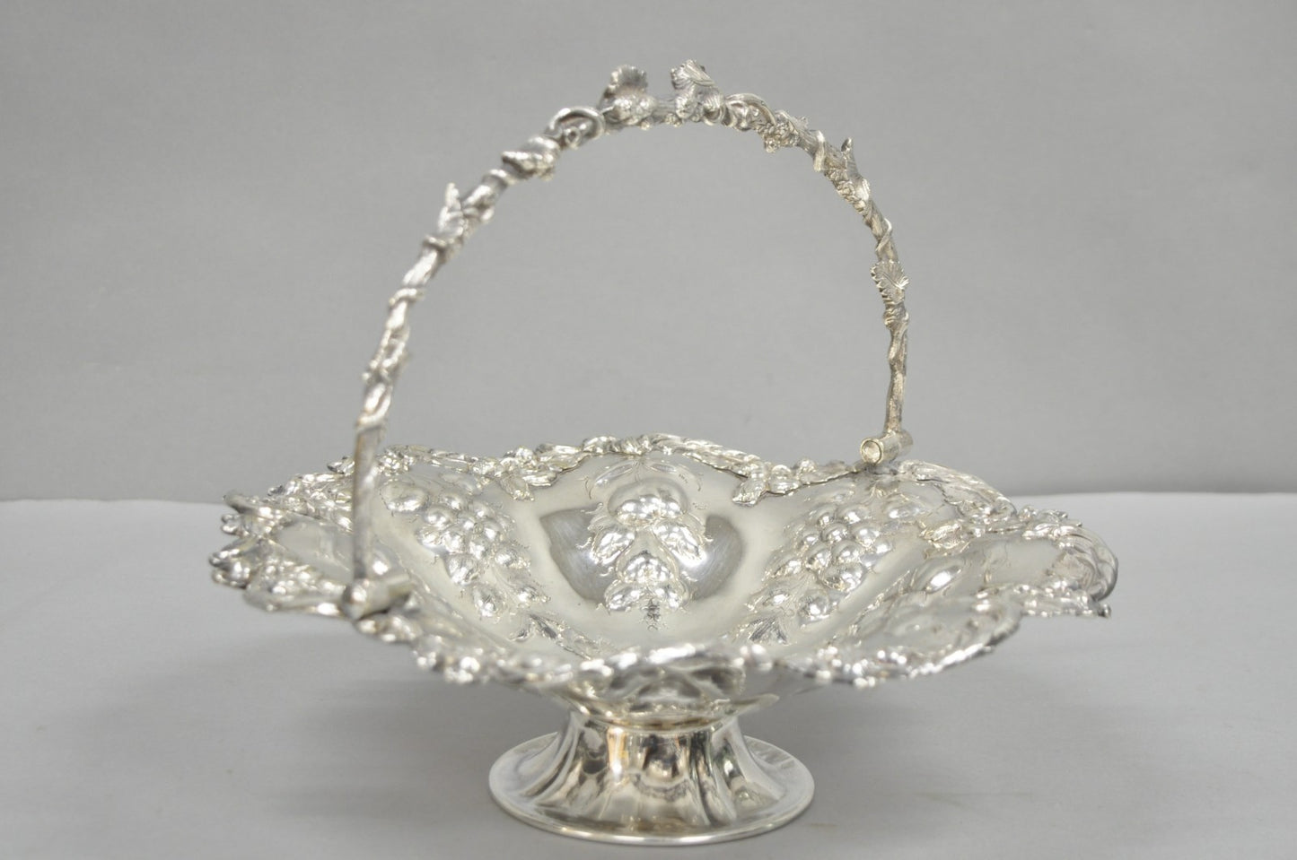 Antique Victorian Silver Plated Grapevine Repousse Dessert Basket Fruit Bowl