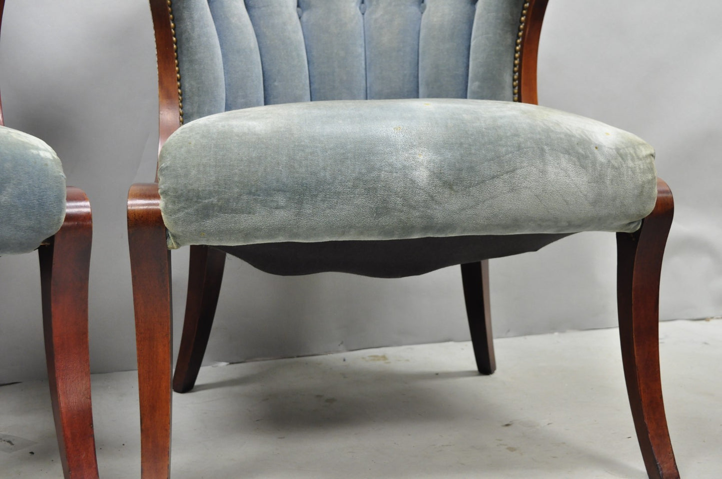 Vintage French Hollywood Regency Mahogany Saber Leg Parlor Lounge Chair - a Pair