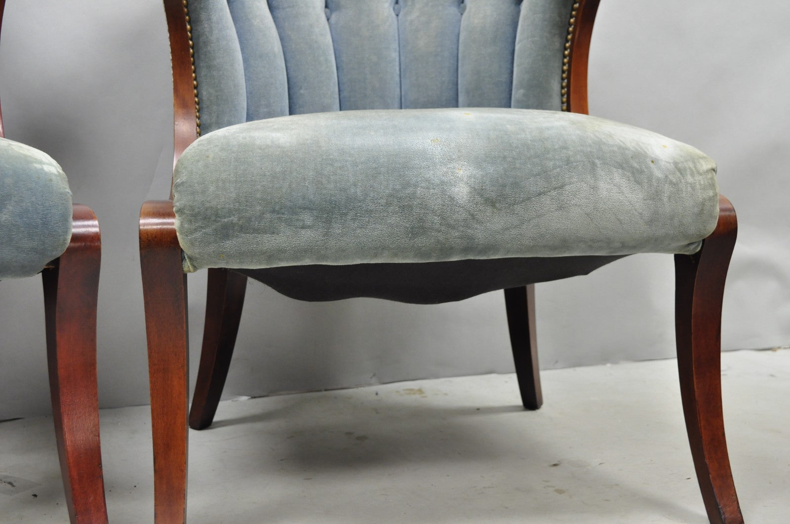 Vintage French Hollywood Regency Mahogany Saber Leg Parlor Lounge Chair - a Pair