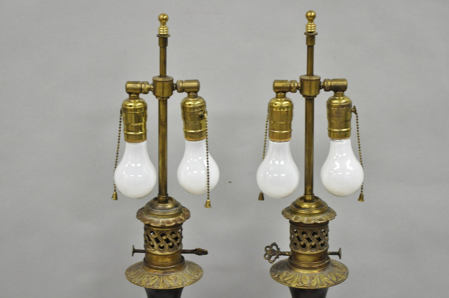 Antique French Neoclassical Bronze & Black Porcelain Painted Table Lamps - Pair