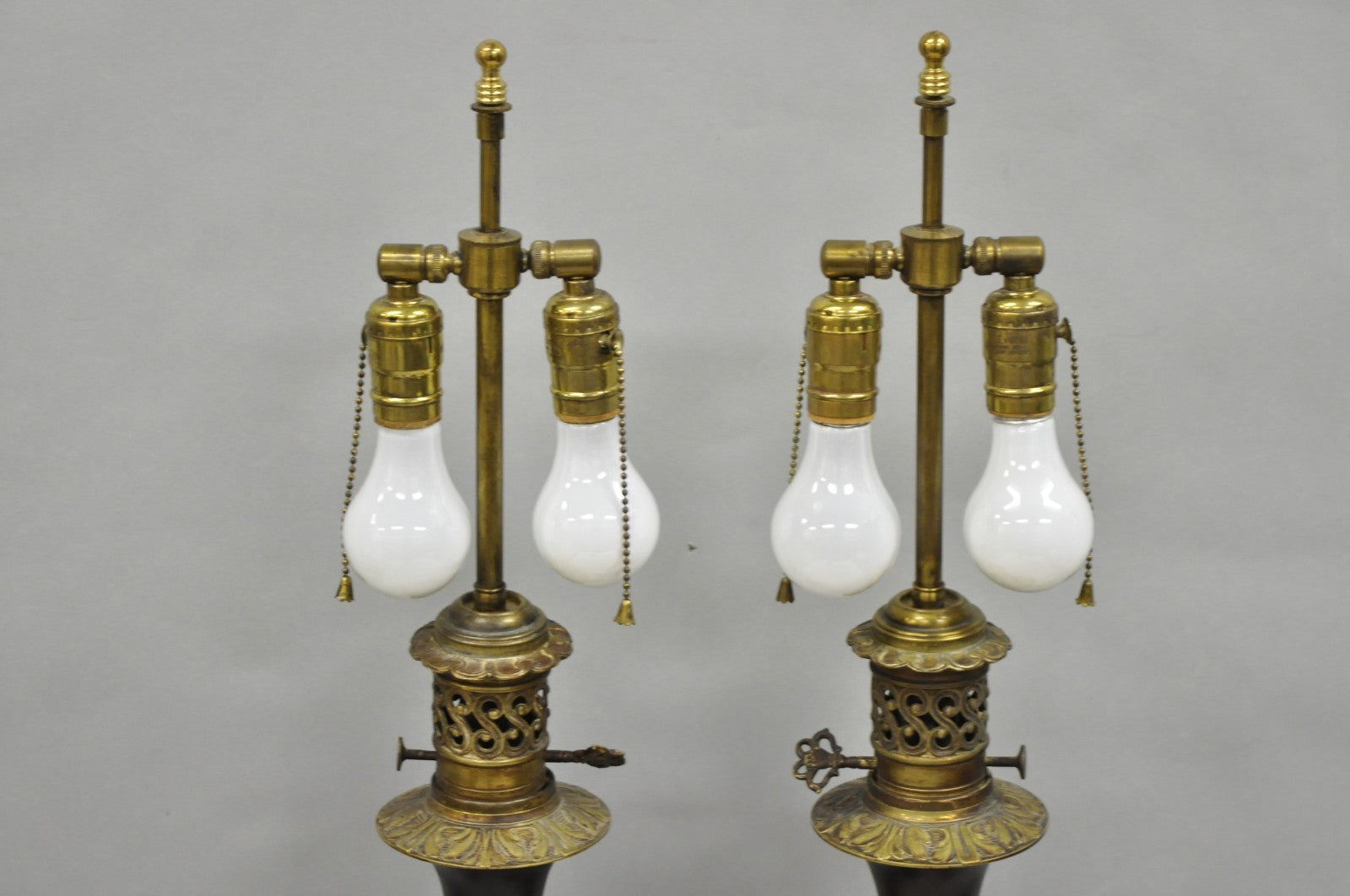 Antique French Neoclassical Bronze & Black Porcelain Painted Table Lamps - Pair