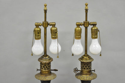 Antique French Neoclassical Bronze & Black Porcelain Painted Table Lamps - Pair